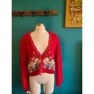 Vintage 90s cotton ramie cardigan cottagecore novelty print medium grandmacore